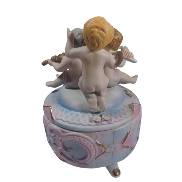 Vintage Norleans Footed Cherub Musi Porcelain Bisque Jewelry Trinket Dresser Box - Picture 7 of 13